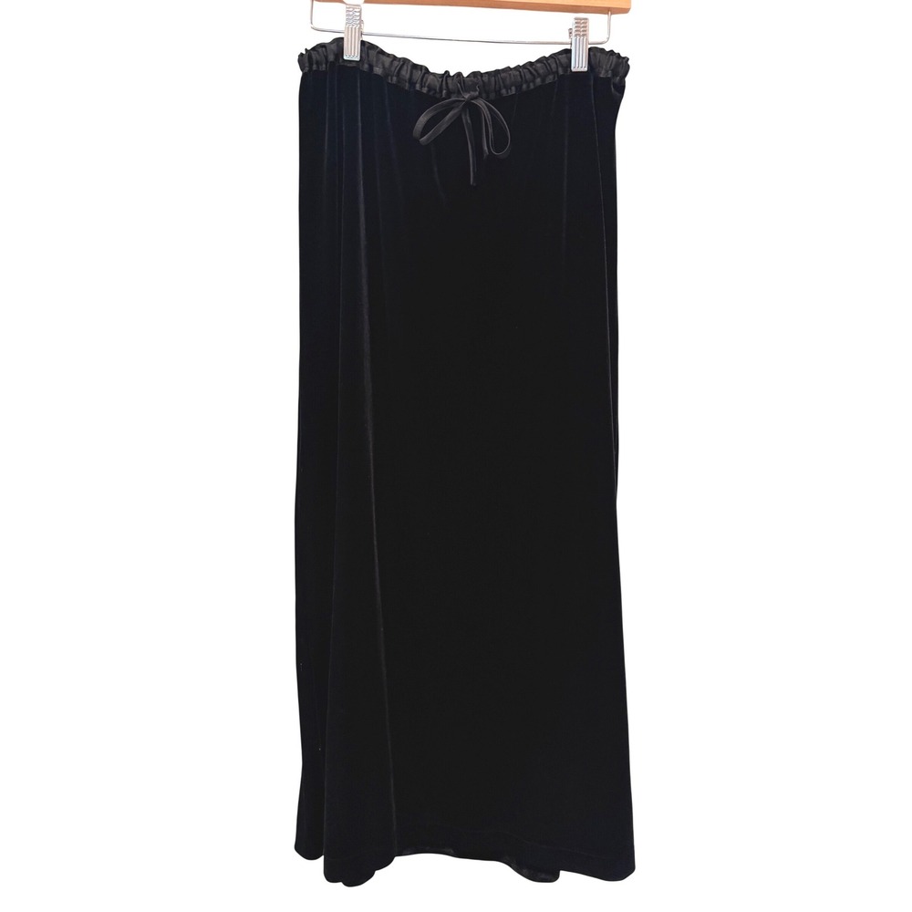 Vintage 90's Black Velvet Midi Skirt Satin Trim M Whimsigoth Grunge Goth Y2K